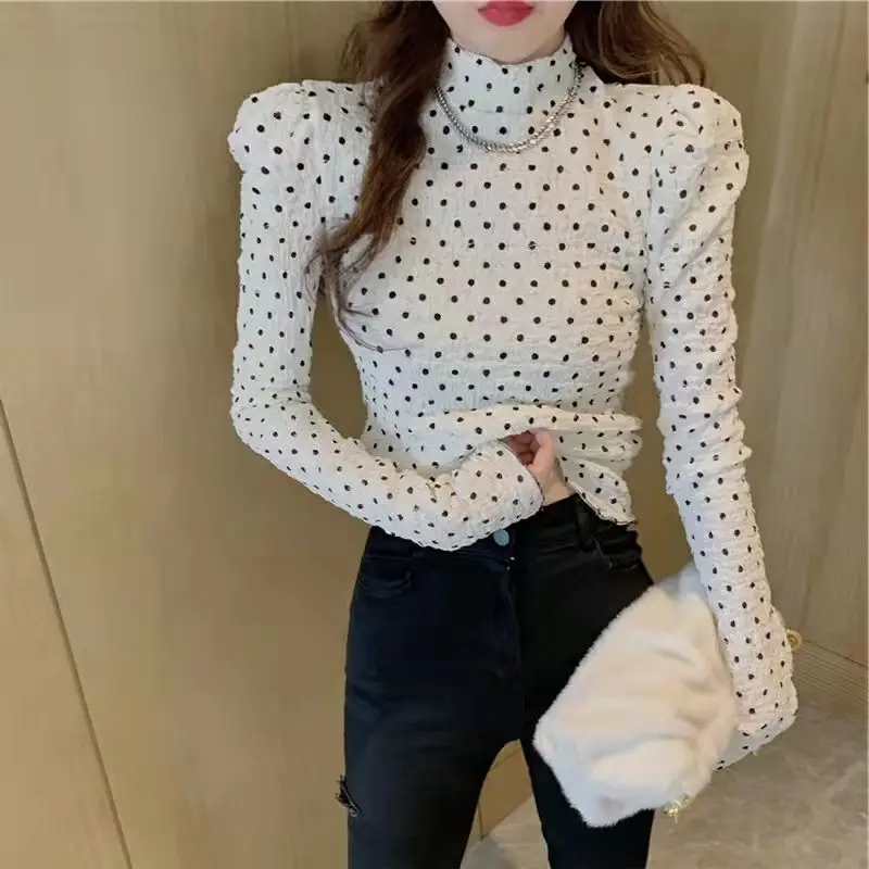 Top Trends: Fashion Printed Turtleneck Polka Dot Puff Sleeve Blouse Female Clothing 2023 Winter New Casual Pullovers Commuter Shirt Shoppable Styles - Image 2