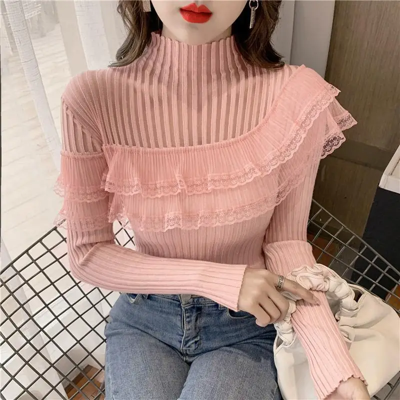 Top Trends: Female Temperament Solid Half High Collar Sweaters Autumn Winter Simplicity Lace Spliced Slim Knitted Tops Women&#039;s Clothing Shoppable Styles