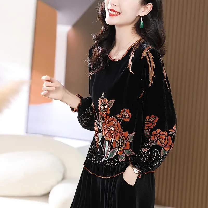 Top Trends: Vintage Flowers Printed Velvet Blouse Autumn Winter Casual Round Neck Women&#039;s Clothing Commute Long Sleeve Fashion Folds Shirt Shoppable Styles