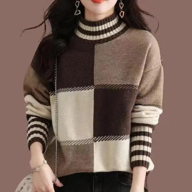 Top Trends: New Fashion Trend Half High Neck Contrast Stripes Loose And Thickened Versatile Slim And Fashionable Women&#039;s Knitted Sweater Shoppable Styles