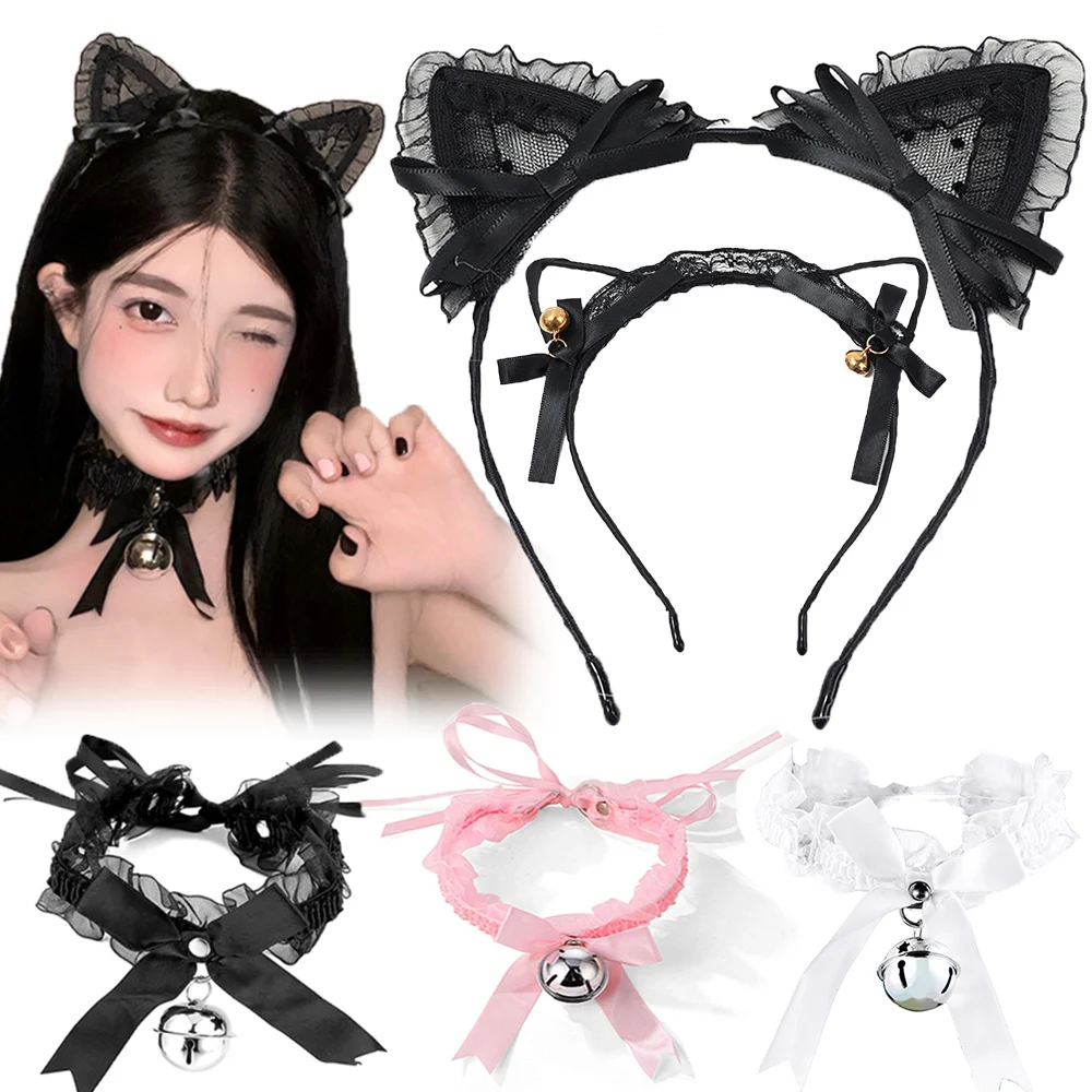 Top Trends: 2Pcs Sexy Black Lace Cat Ear Headband Necklace Lace Bell Chocker Collar Head Hoop Cosplay Headwear Hairband Prom Party Club Shoppable Styles