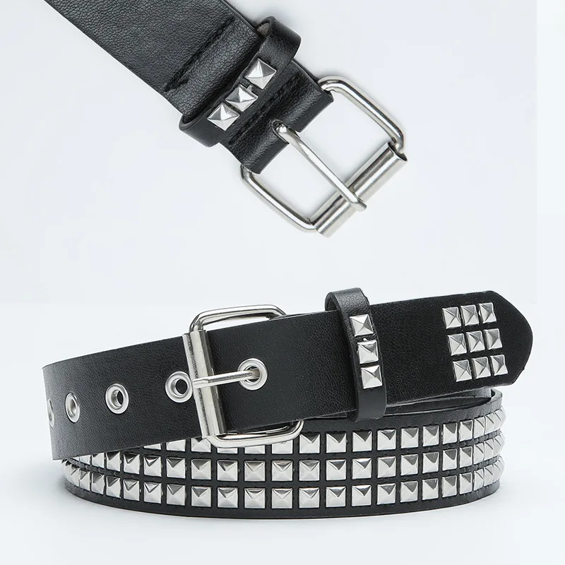 Top Trends: European American Personalized Punk Men's Belt With Metal Pyramid Square Beads Rivet DecorationChicken Eye Buckle Hollow Belt Shoppable Styles