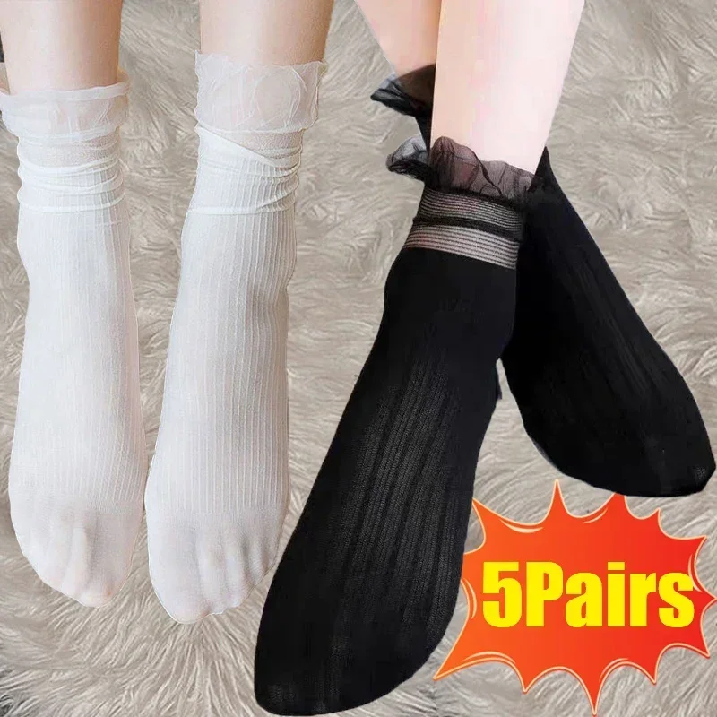 Top Trends: 5Pairs / lot Velvet Frilly Ruffle Socks Women Ultra-thin Transparent Lace Socks Retro Summer Harajuku Long Stocking Hollow Out Sox Shoppable Styles