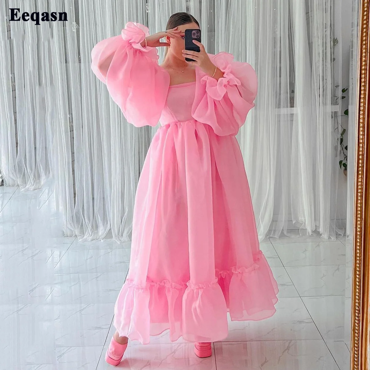 Top Trends: Pink Organza Midi Women Prom Dresses Long Sleeves Ankle Length Homcoming Party Dress Formal Evening Gowns Fashion Club Outfits Shoppable Styles