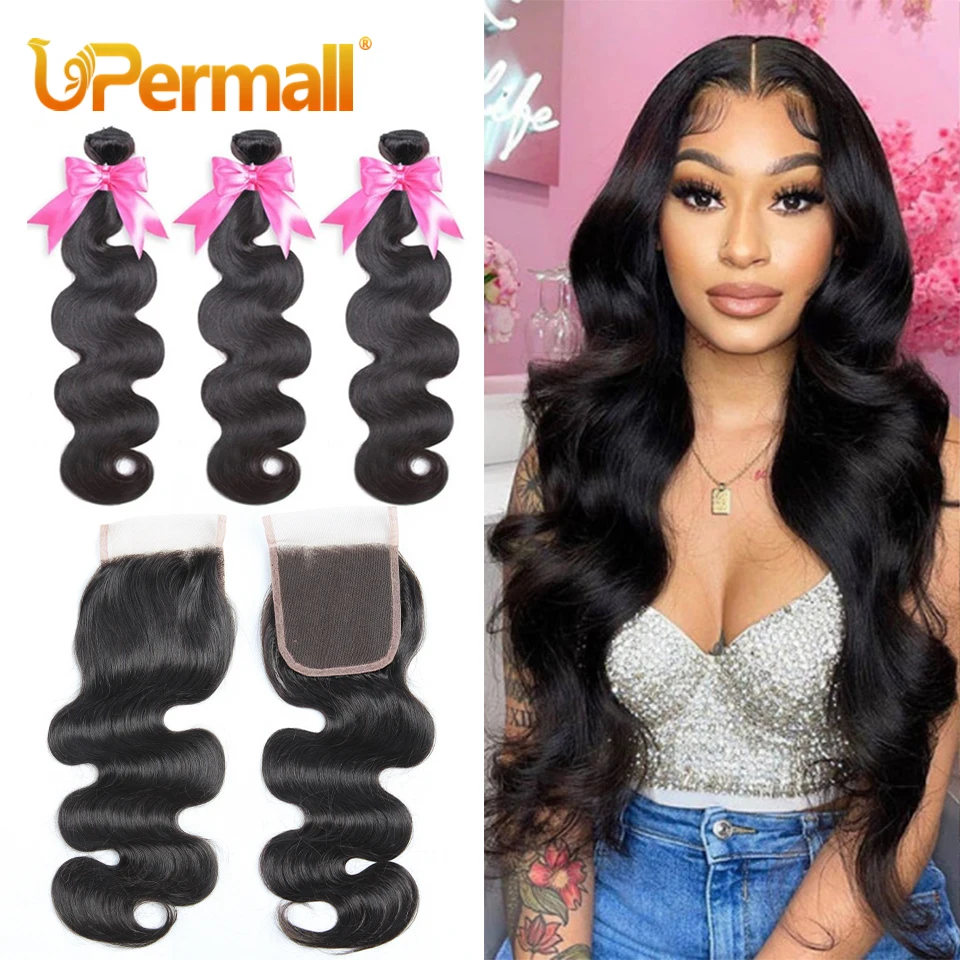 Top Trends: Upermall 3 / 4 Remy Body Wave Human Hair Bundles With Closure 10A Brazilian HD Transparent Swiss 4x4 Lace Closure And Bundle Weave Shoppable Styles