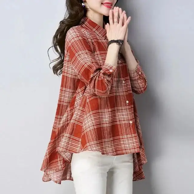 Top Trends: Korean Fashion Asymmetrical Plaid Shirt Women Clothing 2022 Autumn New Casual Commuter All-match Lapel Long Sleeve Loose Blouses Shoppable Styles