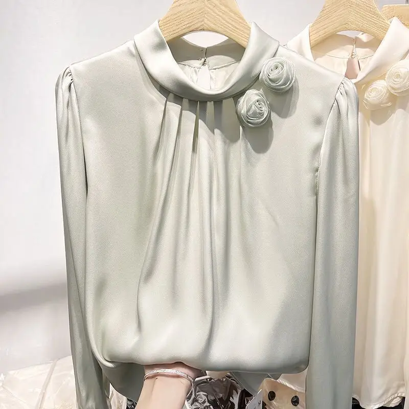 Top Trends: French Style Elegant Folds Shirt Female Clothing Stylish Floral Three-dimensional Decoration Spring Autumn Stand Collar Blouse Shoppable Styles - Image 2