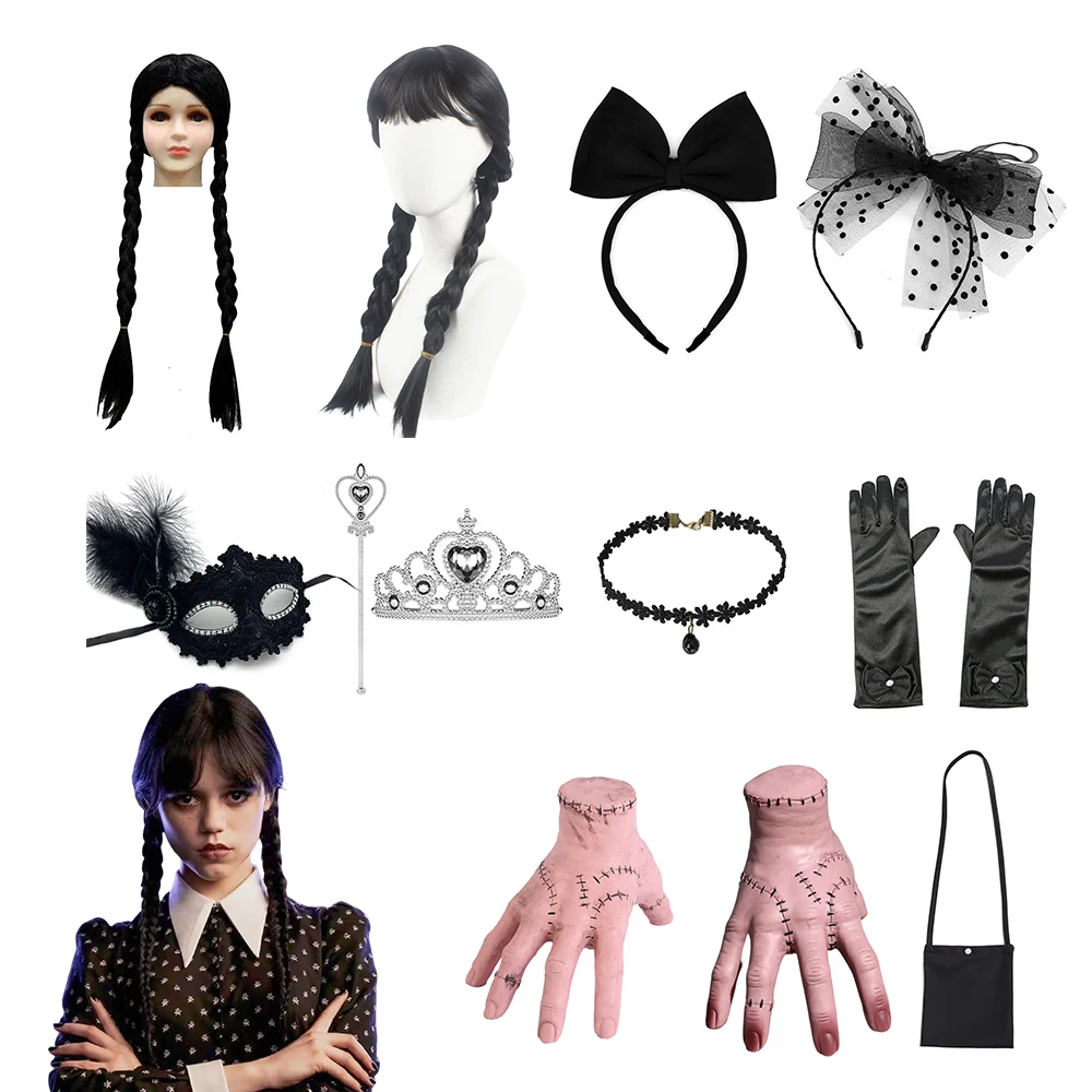 Top Trends: Movie Wednesday Addams Thing Hand Cosplay Prop Wig Accessories For Girl Kids Halloween Party Masks Necklace Wands Crown Hairband Shoppable Styles