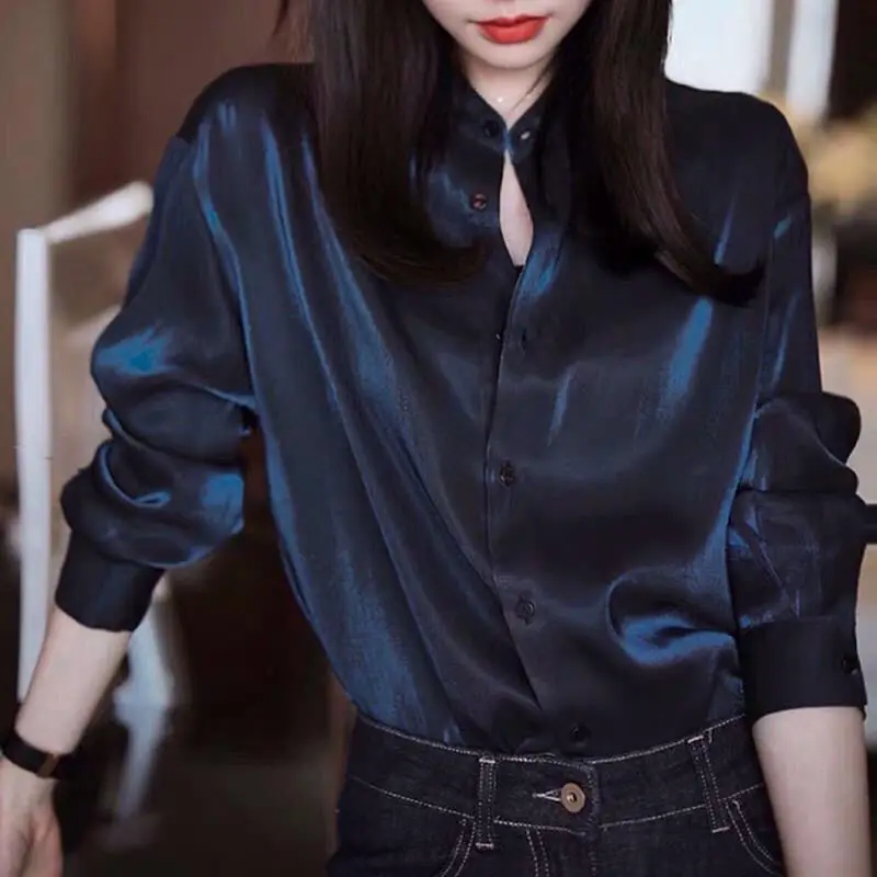 Top Trends: Elegant Stand Collar Button Solid Color All-match Shirt Women&#039;s Clothing 2023 Spring New Casual Tops Loose Office Lady Blouse Shoppable Styles