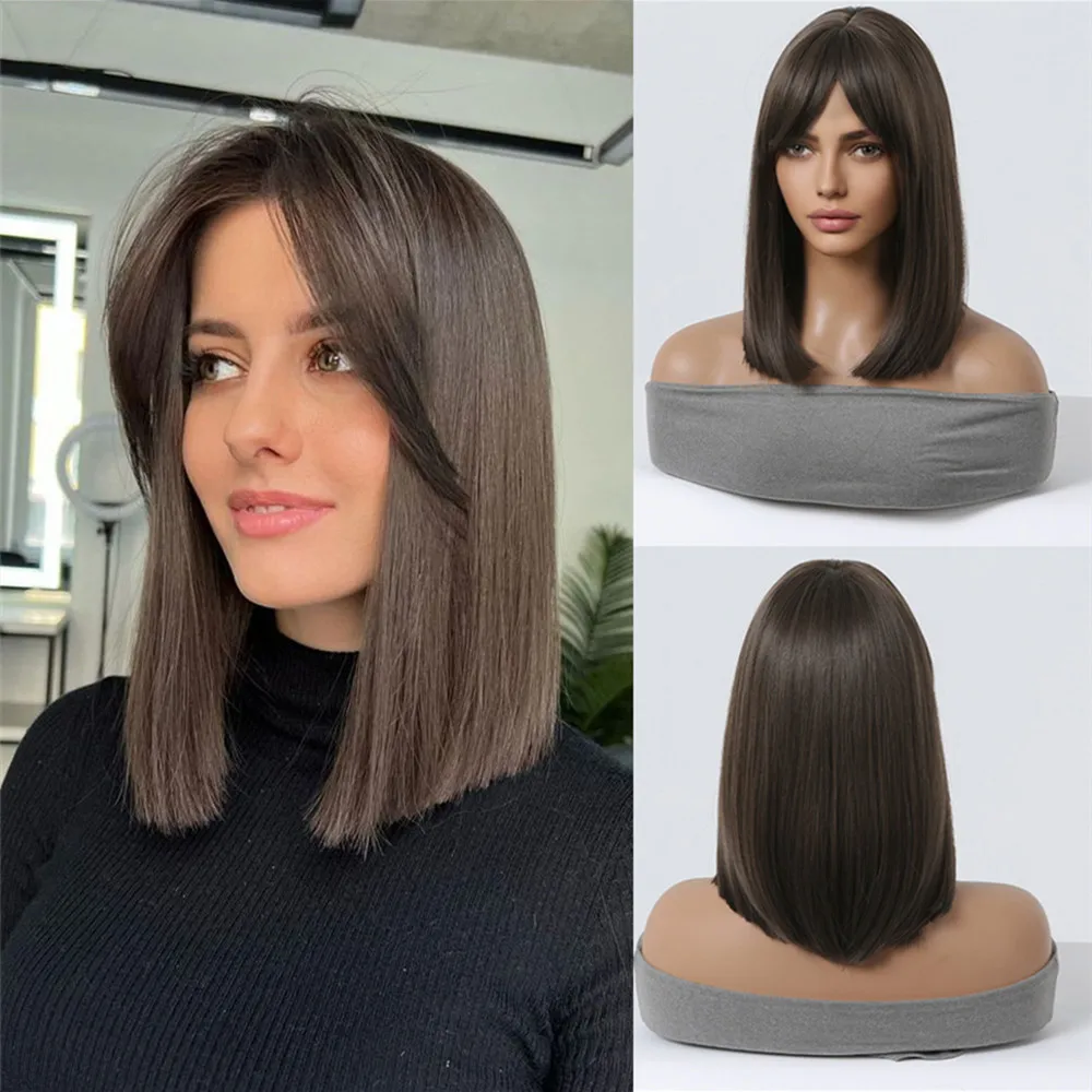 Top Trends: Dark Brown Straight Shoulder Length Synthetic Wigs With Side Parted Bangs For Women Daily Party Cosplay Wig Heat Resistant Fiber Shoppable Styles