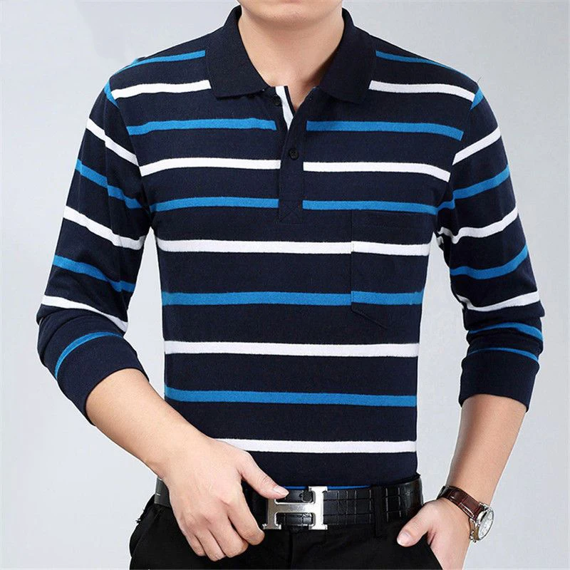 Top Trends: Spring Autumn Stripe Casual Fashion Polo Shirts Men Long Sleeve Loose Casual Tops All Match Pullover Korean Tees Male Clothes Shoppable Styles - Image 4