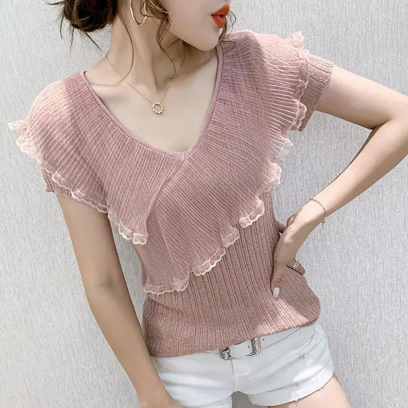 Top Trends: Elegant V-Neck Spliced Gauze Ruffles Blouse Women's Clothing 2023 Summer New Casual Pullovers All-match Office Lady Shirt Shoppable Styles