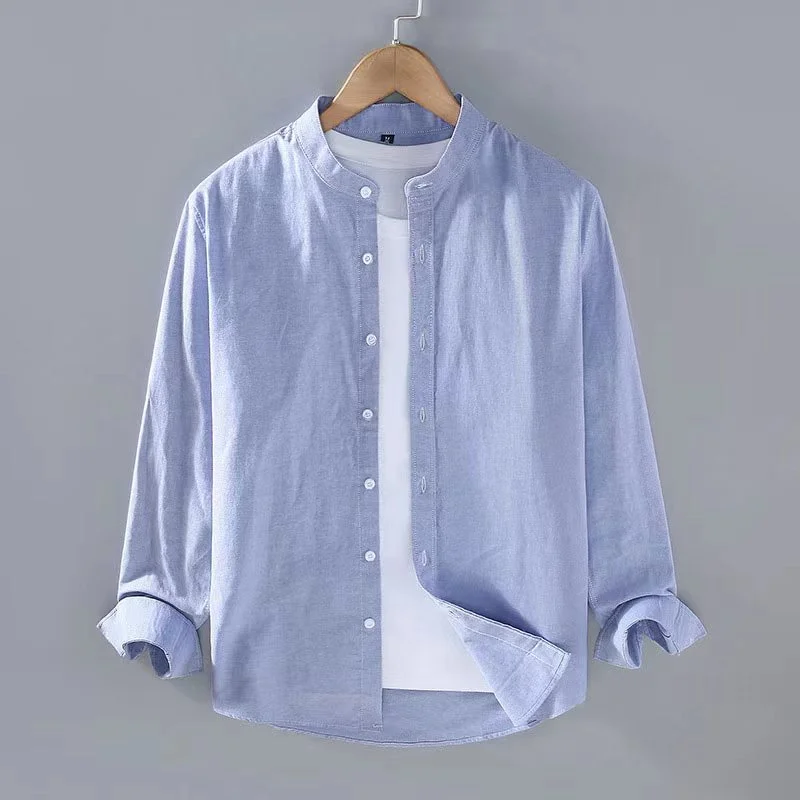 Top Trends: New Blue Linen Long Sleeve Shirt Stand Collar Long Sleeve Henry Shirt Soft And Comfortable Summer Men&#039;s Shirt Solid Color S-3XL Shoppable Styles