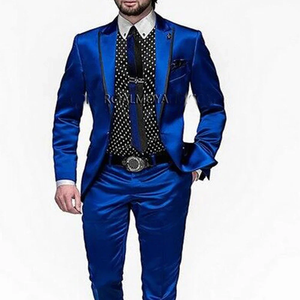 Top Trends: Royal Blue Satin Men Suits 2 Piece Fashion Wedding Tuxedo For Groom Party Prom Formal Causal Male Suit Slim Jacket With Pants Shoppable Styles