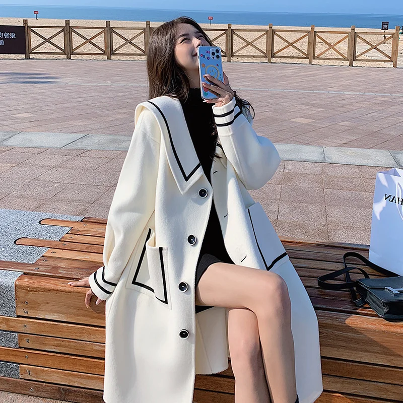 Top Trends: New British Academy Style White Tweed Coat Women's Autumn And Winter Korean Loose Navy Collar Popular Tweed Coat Shoppable Styles