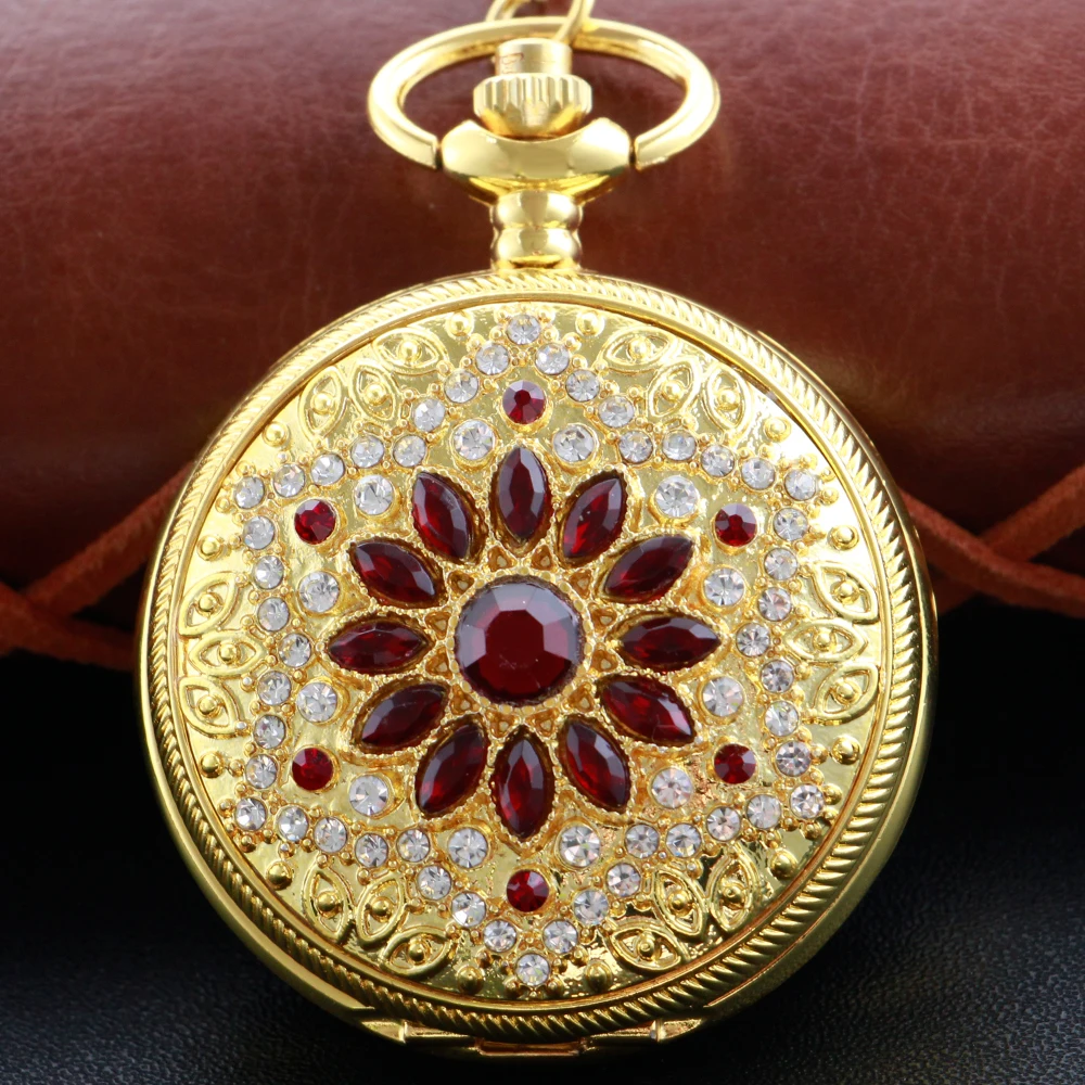 Top Trends: New Gold Floral Diamond Pocket Watch Necklace Fob Chain Steampunk Clock Quartz Vintage Pocket Watch Gift For Men And Women Shoppable Styles