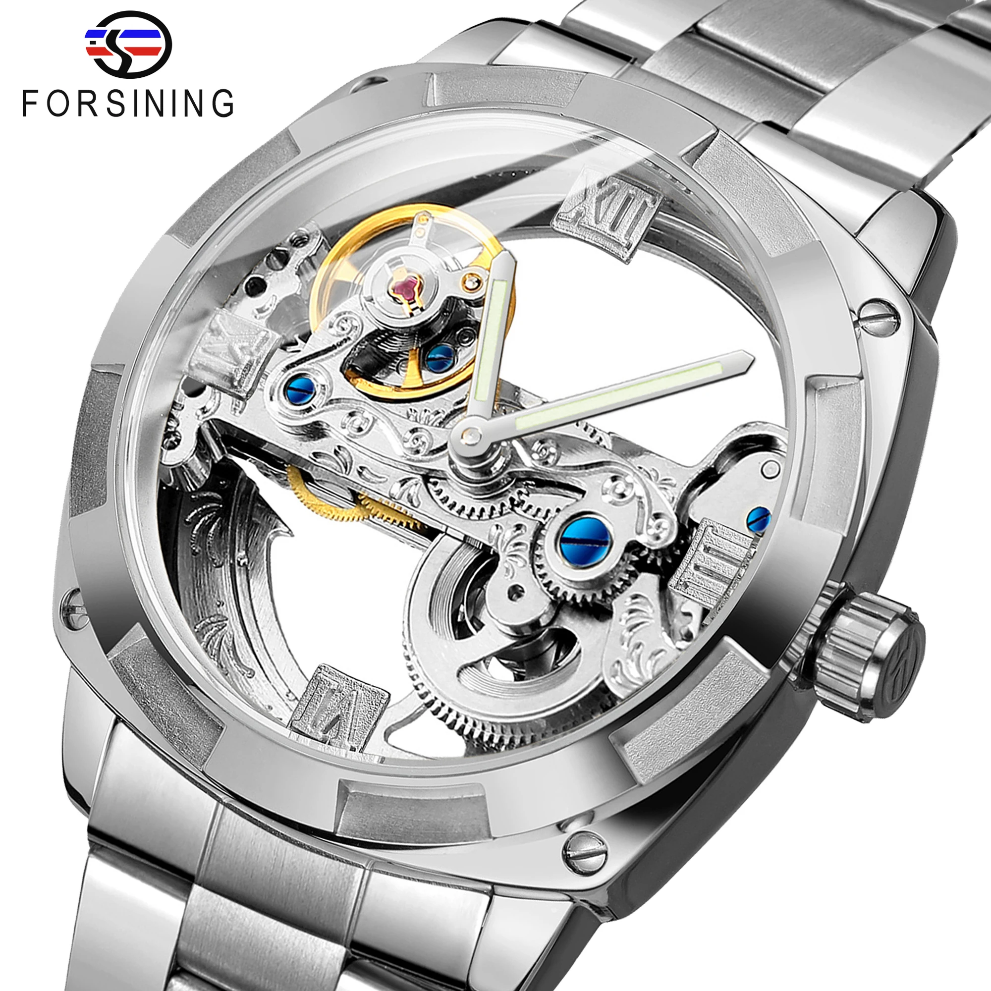 Top Trends: Forsining Men Transparent Design Mechanical Watch Automatic Silver Square Golden Gear Skeleton Stainless Steel Belts Clock Saati Shoppable Styles