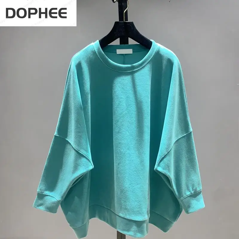 Top Trends: New Spring Autumn Women Sweatshirts 2022 Korea O-neck Oversize Pullover Top Solid Color Batwing Sleeve Cotton Hoodies Casual Shoppable Styles