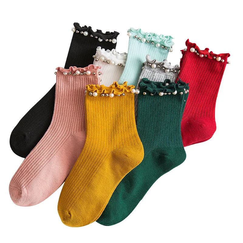 Top Trends: Spring And Summer New Women's Socks Fungus Lace Pearl Socks Fashion Vertical Strips In The Barrel Nail Beads Cotton Socks Shoppable Styles