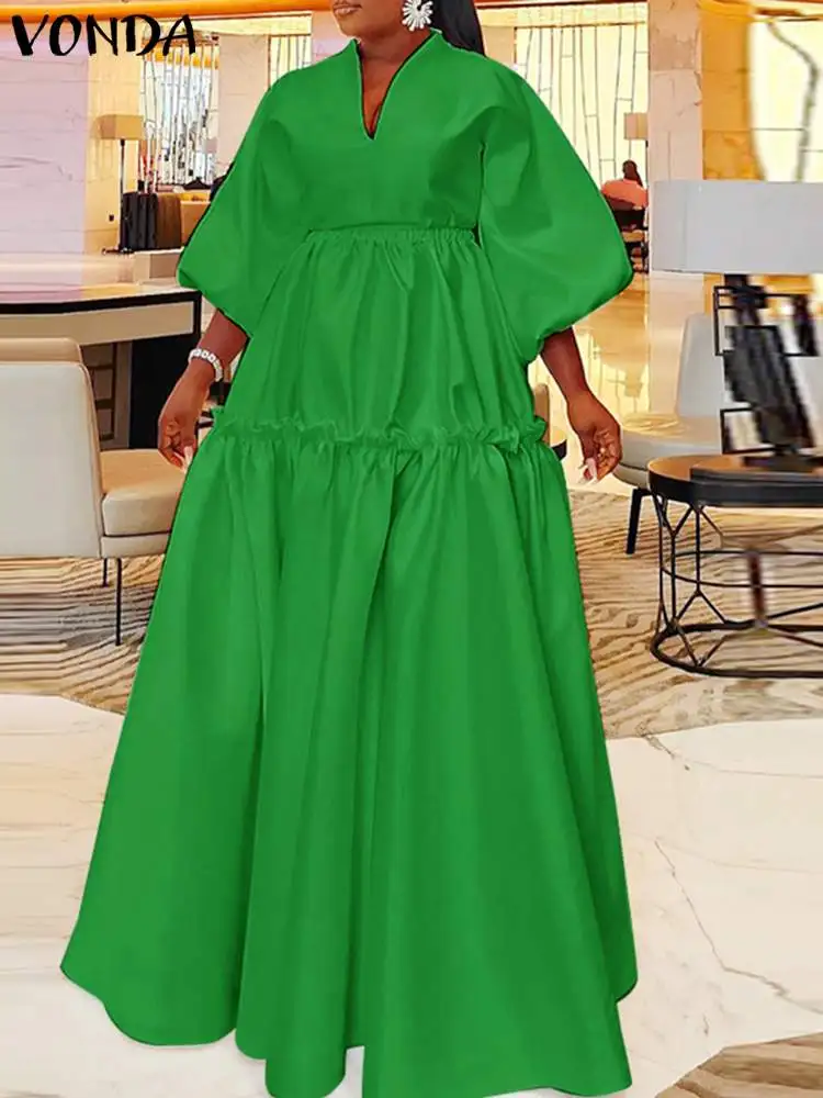 Top Trends: VONDA Women Elegant Maxi Dress 2023 Summer Solid Color Vestidos 3 / 4 Lantern Sleeve Long Shirt Dress Casual Loose Ruffled Robe Shoppable Styles