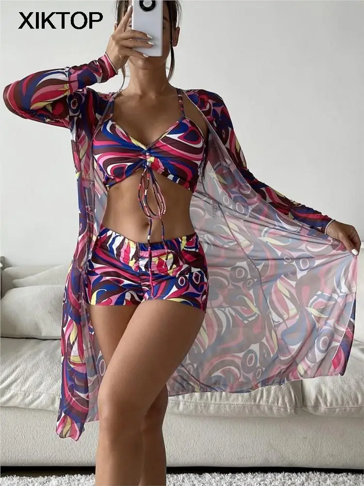 Top Trends: Xiktop Bikini 3 Pieces Sets New Women Swimsuit High Waist Sexy Long Sleeve Cover Up Swimsuit 2023 Beach Bathing Swimwear Suits Shoppable Styles