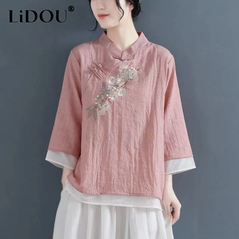 Top Trends: 2023 Spring Summer New Chinese Style Cotton Hemp Round Neck Three Quarter Shirt Women Vintage Elegant Embroidered Pullovers Shoppable Styles