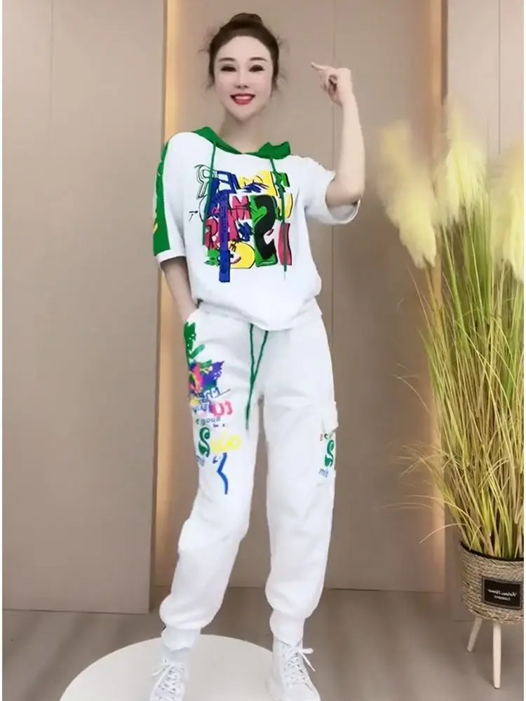 Top Trends: Fashion Casual Suit Female 2023 Summer New Print Hooded Short Sleeve Top Casual Haren Pants Fashion Trend Sports Suit Shoppable Styles