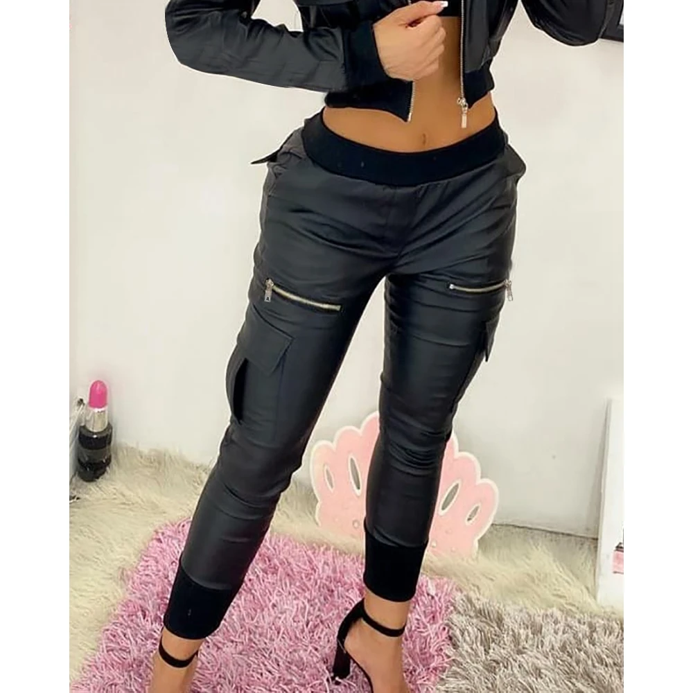 Top Trends: Autumn Women Plain PU Leather Zipper Pocket Pants 2023 Femme Casual Solid Mid Waist Skinny Trousers Office Lady Clothing Traf Shoppable Styles