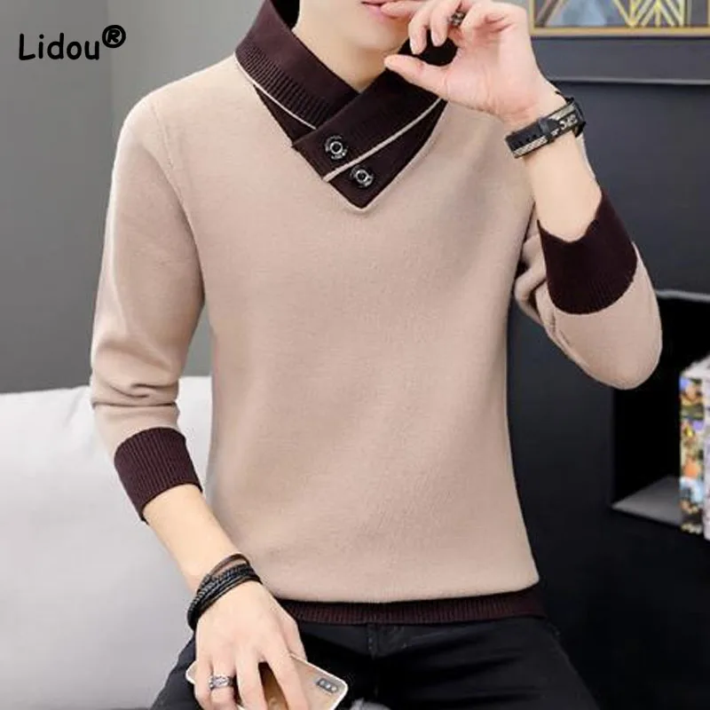 Top Trends: 2023 Autumn Winter Men's Turtleneck Thick Long Sleeve Sweaters Korean Trend Solid Color Spliced Knitted Pullovers Male Clothes Shoppable Styles