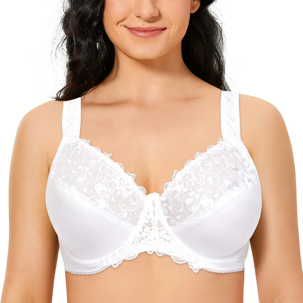 Top Trends: Plus Size Women Bra Full Coverage Minimizer Lace Floral Embrodiery White Bras Non Padded Underwire B C D DD E F G H I Cup Shoppable Styles