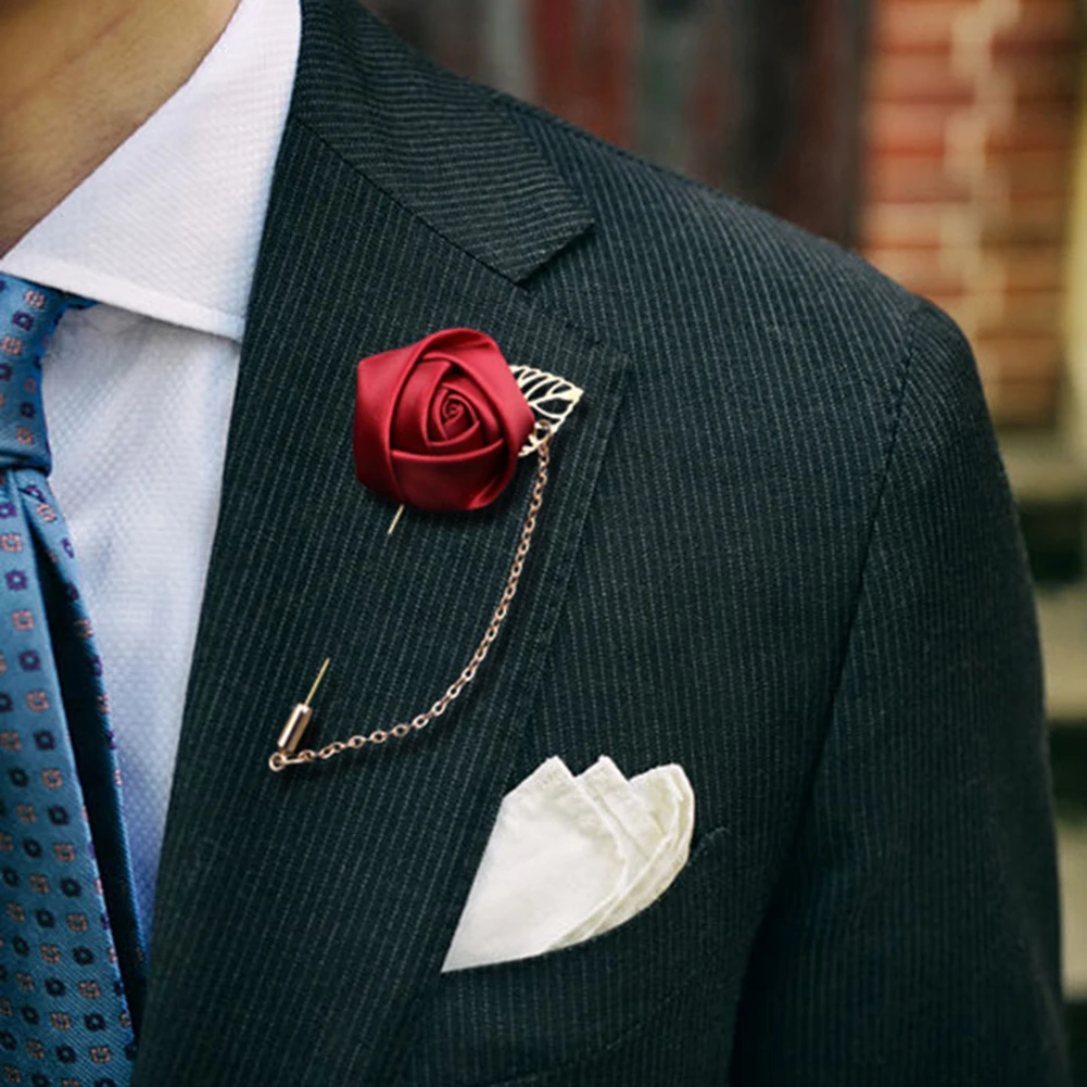 Top Trends: 1pc Men&#039;s Suit Rose Flower Brooches Canvas Fabric Ribbon Tie Lapel Pin Badge With Tassel Chain Men Wedding Boutonniere Brooch Shoppable Styles