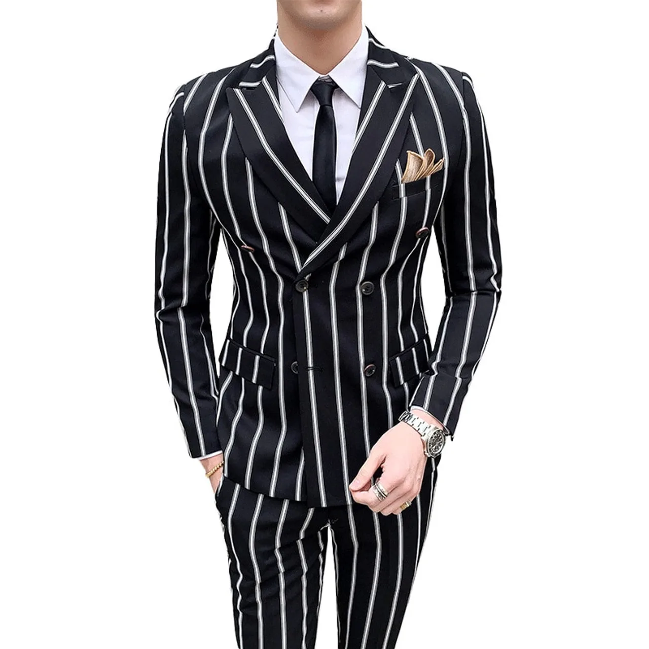 Top Trends: 2 Piece Suit Slim Fit Mens Set Double-breasted Wedding Groomman Pinstripe Notched Lapel For (Blazer+ Pants) Shoppable Styles