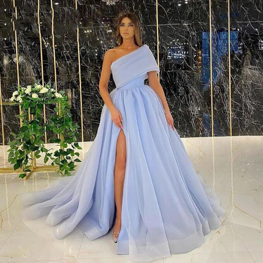 Top Trends: High Split Prom Dress Tulle Wedding Evening Dress Party Dress Court Train Prom Gown One Shoulder Formal Dress Vestido De Festa Shoppable Styles