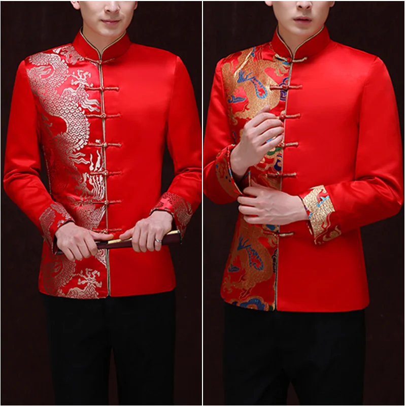 Top Trends: Dragon Pattern Jacquard Mens Red Suit Jacket Mandarin Collar Traditional Chinese Men Satin Exquisite Wedding Jacket Frog Closure Shoppable Styles