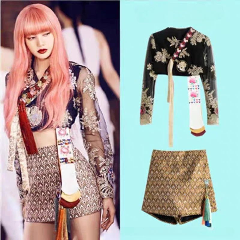 Top Trends: Kpop Girl Group LISA Jazz Dance Sexy Embroidery Shirt Crop Top Stage Costume High Waist Skirt Jazz Performance Women Y2k Outfits Shoppable Styles