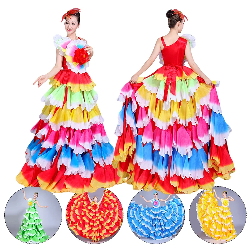 Top Trends: 180-720 Degree Spanish Flamenco Dresses Women Bullfight Opening Dance Dress Elegant Big Swing Petal Dress Flamenco Stage Costume Shoppable Styles