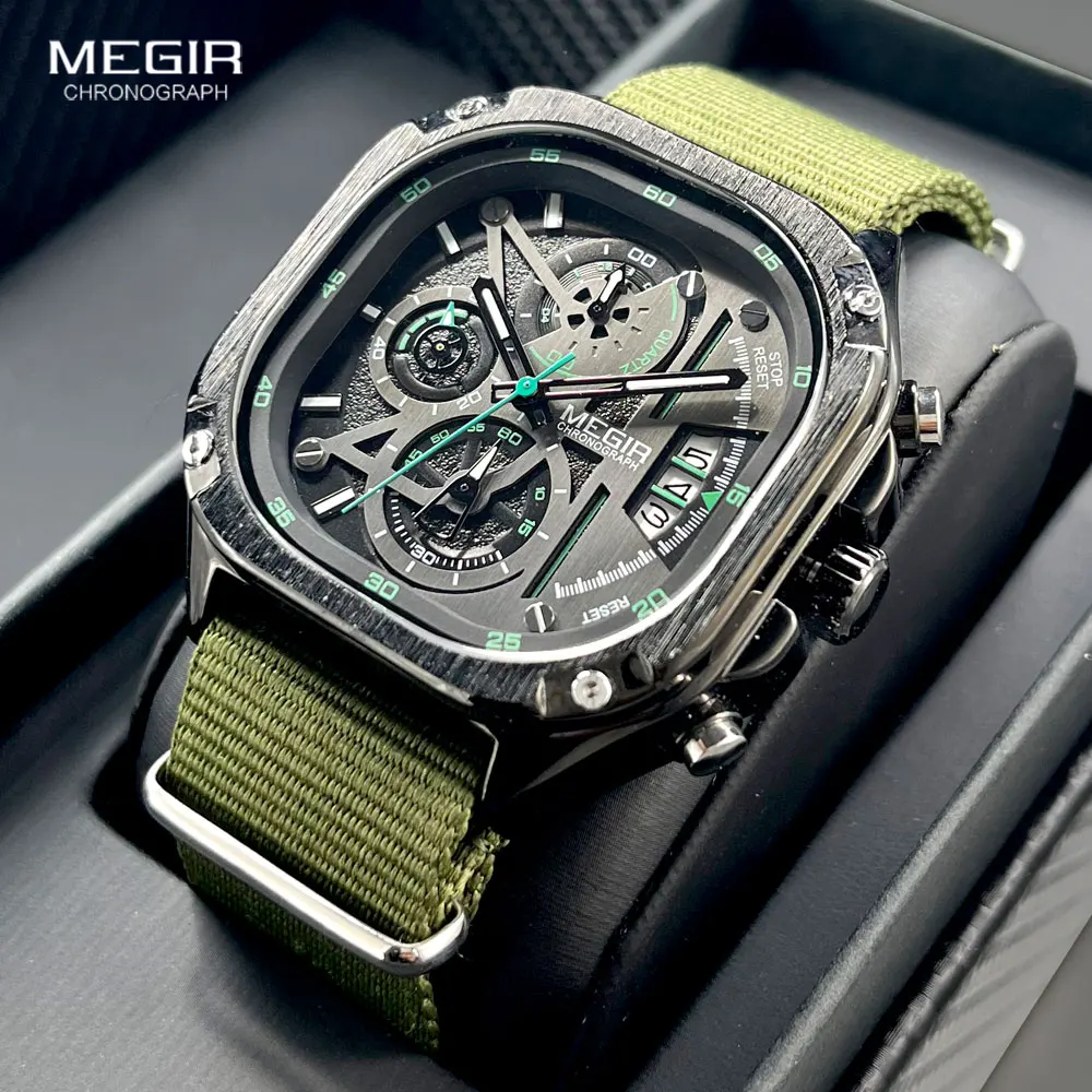 Top Trends: MEGIR Black Quartz Watch Men Waterproof Square Dial Wristwatch With Chronograph Stainless Steel Strap Luminous Hands Auto Date Shoppable Styles