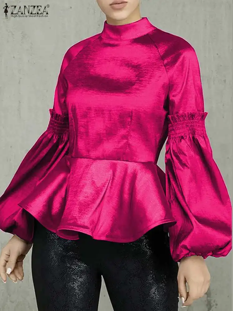 Top Trends: ZANZEA Stand Collar Ruffled Stitching Tunic Fashion Shirt Women Lantern Long Sleeve Blouse Vintage Satin Peplum Tops 2023 Autumn Shoppable Styles