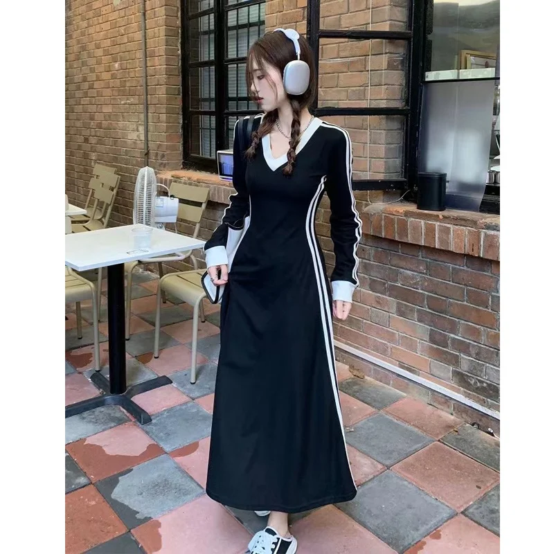 Top Trends: Vintage Contrast Striped Black Dresses Spring Autumn New Long Sleeve V Neck Youth Dresses Fashion Temperament Women Clothing Shoppable Styles