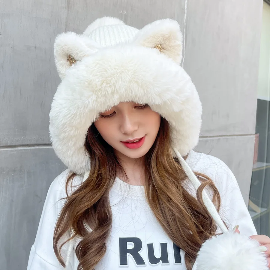 Top Trends: COKK Winter Hats For Women Beanie Cute Cat Ear Knitted Bonnet Femme Thick Velvet Keep Warm Winter Cap With Pompom Gorro 2022 New Shoppable Styles