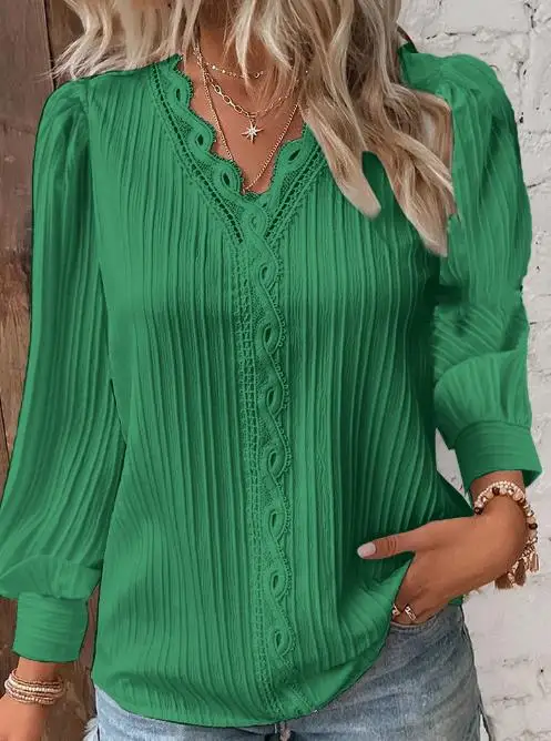 Top Trends: Fashion Woman Blouses 2023 Autumn Long Sleeve V-Neck Lace Panel Shirt Casual Basics Pullover Tops Female Tee Clothing Shoppable Styles