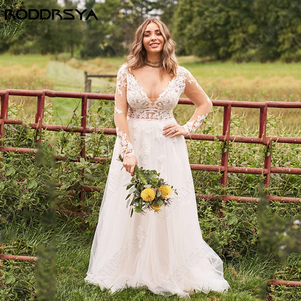 Top Trends: RODDRSY Boho Wedding Dress For Bride Long Sleeves Double V-Neck Bridal Party Lace Applique A-Line Plus Size Vestido De Noiva Shoppable Styles