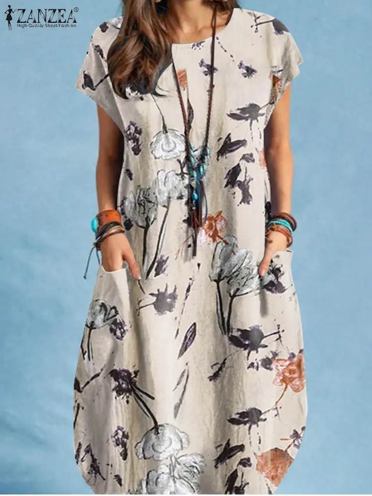 Top Trends: ZANZEA Summer Vintage Women's Dress Bohemian Floral Print O-Neck Short Sleeve Sundress Fashion Casual Elegant Holiday Robe 2023 Shoppable Styles