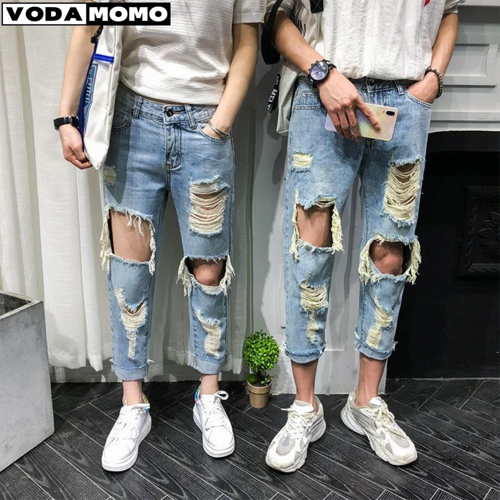 Top Trends: Men Jeans Knee Hole Ripped Stretch Skinny Denim Pants Solid Color Autumn Summer Hip-Hop Style Slim Fit Trousers 2023 Pantalones Shoppable Styles