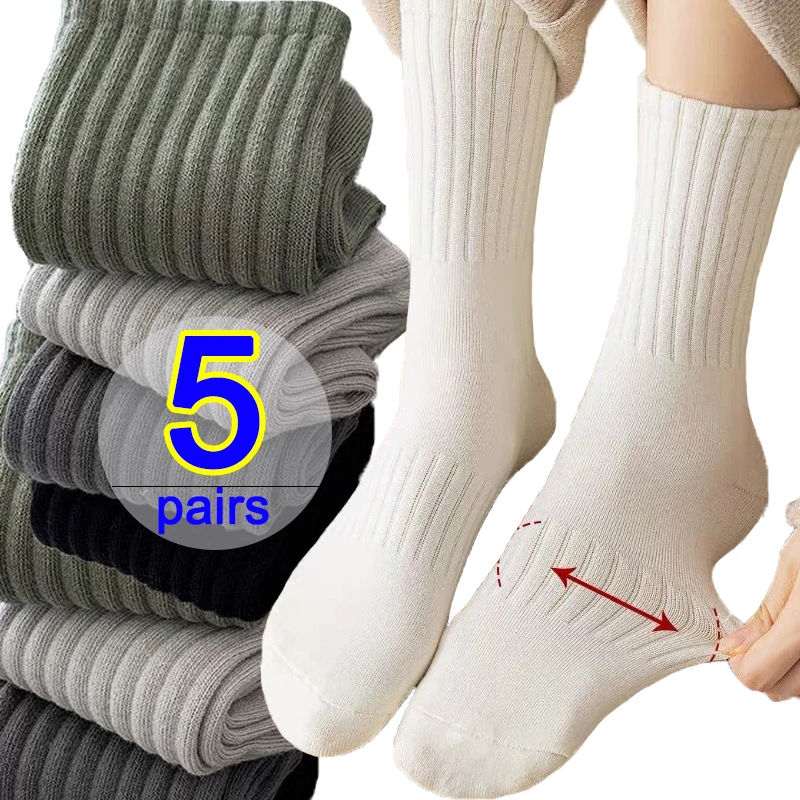 Top Trends: 5 / 1pairs Black White Classic Socks Men Versatile Mid Tube Stripe Sox Non-slip Casual Sports Cotton Male's Business Stocking Shoppable Styles