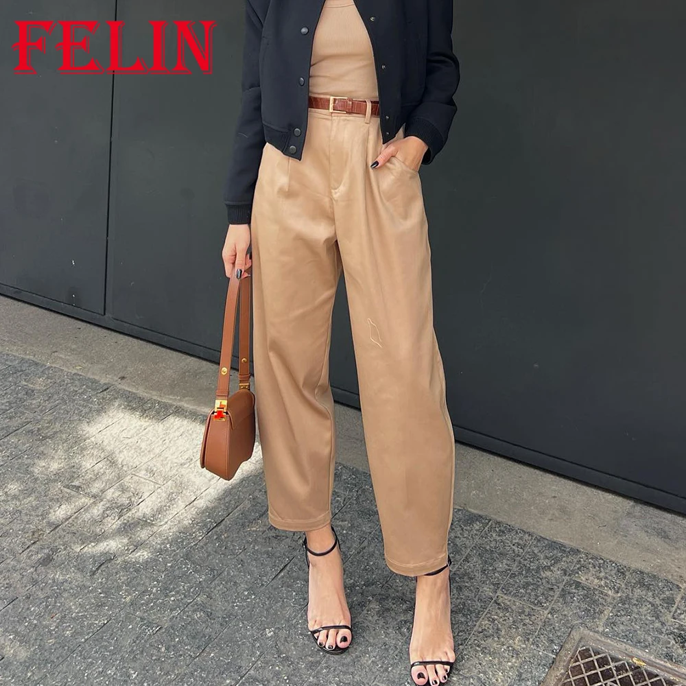 Top Trends: TRAFZA 2023 Autumn Women Casual Pants Zipper High Waist Belt Pockets Loose Long Pants Office Lady Fashion Female Solid Trousers Shoppable Styles