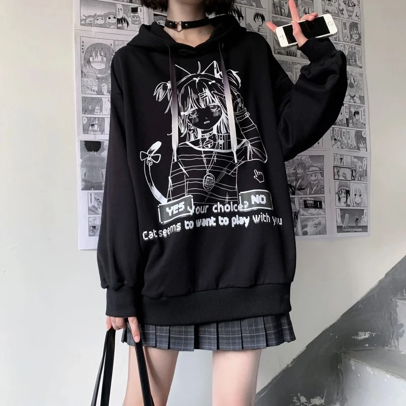 Top Trends: Deeptown Gothic Emo Anime Print White Hoodies Women Harajuku Streetwear Oversize Long Sleeve Pullover Female Black Sweatshirt Shoppable Styles