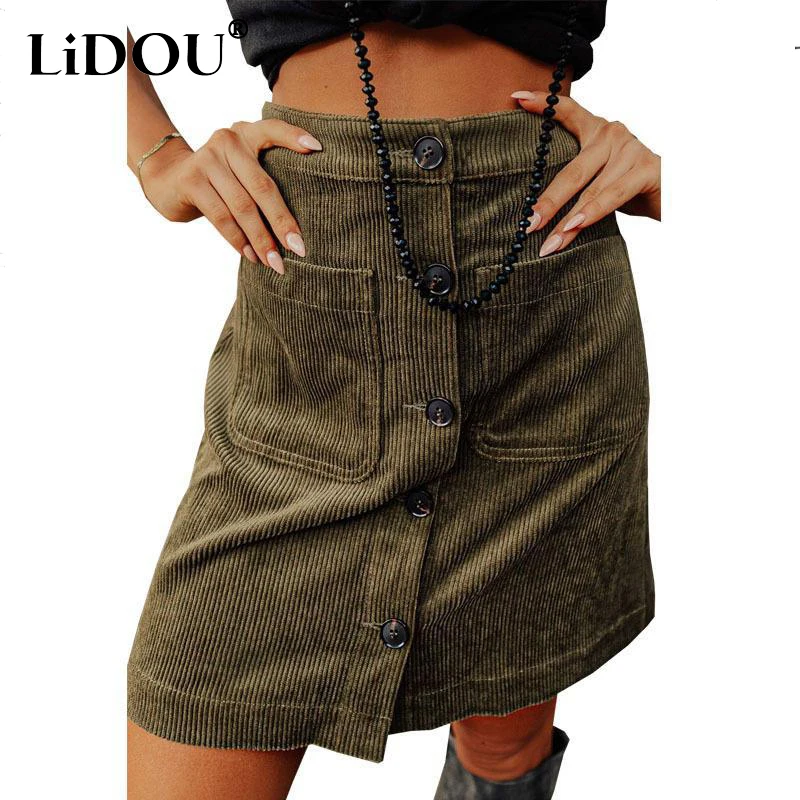 Top Trends: Autumn Winter High Waist Buttons Corduroy Skirt Ladies Casual Fashion Solid Color Bodycon All-match Mini Skirts Women's Clothing Shoppable Styles