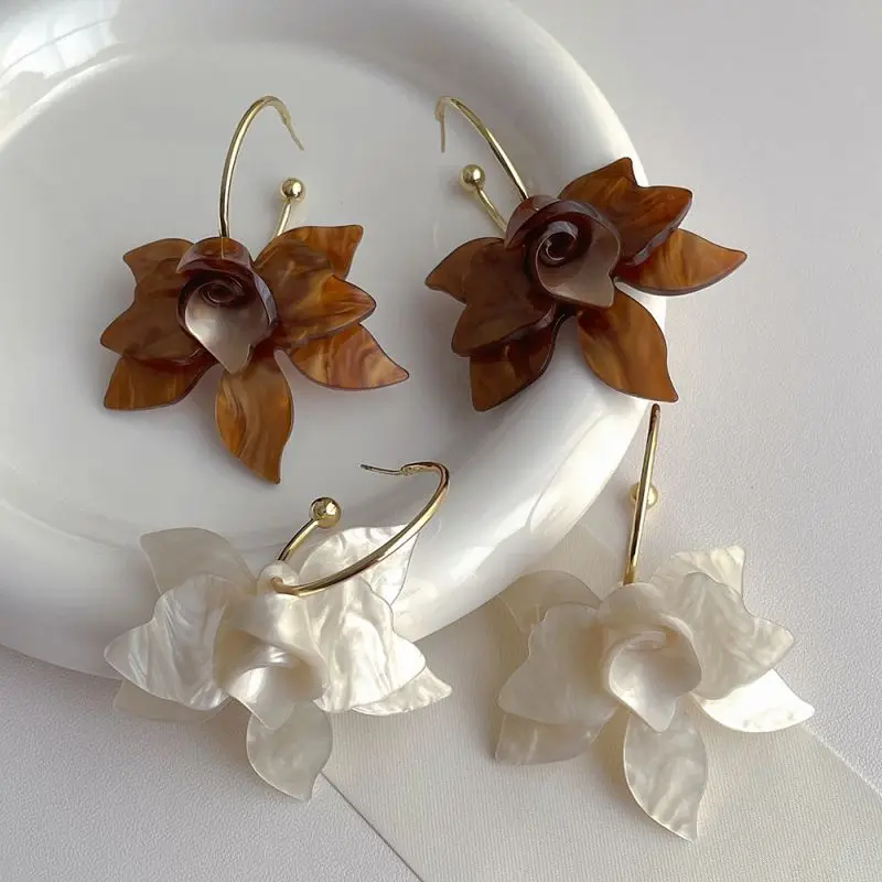 Top Trends: Unique Brown Acrylic Flower Hoop Earrings Elegant Exaggerate White Flower Pendant Earrings For Women Statement Jewelry 2023 New Shoppable Styles