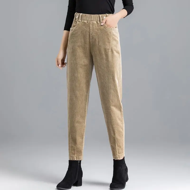 Top Trends: Autumn Winter Corduroy Casual Straight Pants High Waist Elastic Band Korean Women Clothing Fashion Thicken Khaki Harem Trousers Shoppable Styles